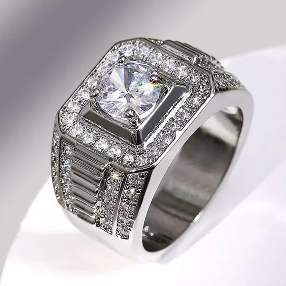💝 Fever Square Glitter Zircon Silver Chunky Wedding Rings for Man, PD663